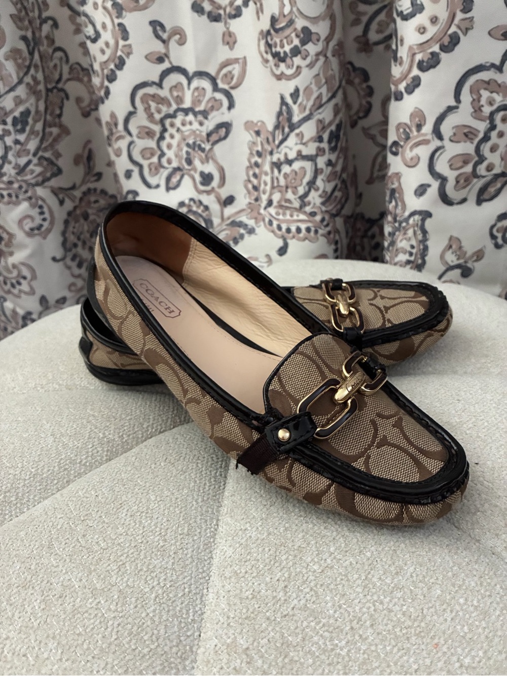 Coach Tan Signature Canvas Driving Loafers with Black Trim & Gold Hardware